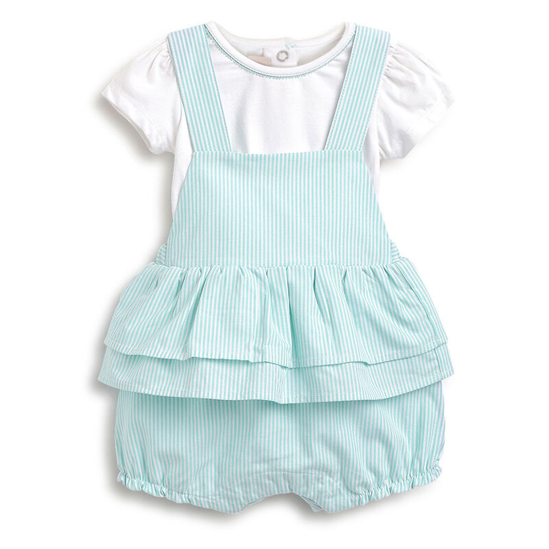 Girls White and Light Blue T-shirt with Short Overalls image number 0